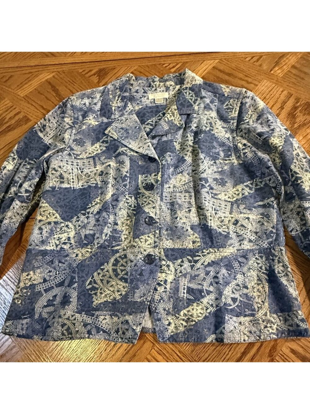 Christopher & Banks Womens Blue Abstract Print Blazer Jacket Size L Linen Blend
